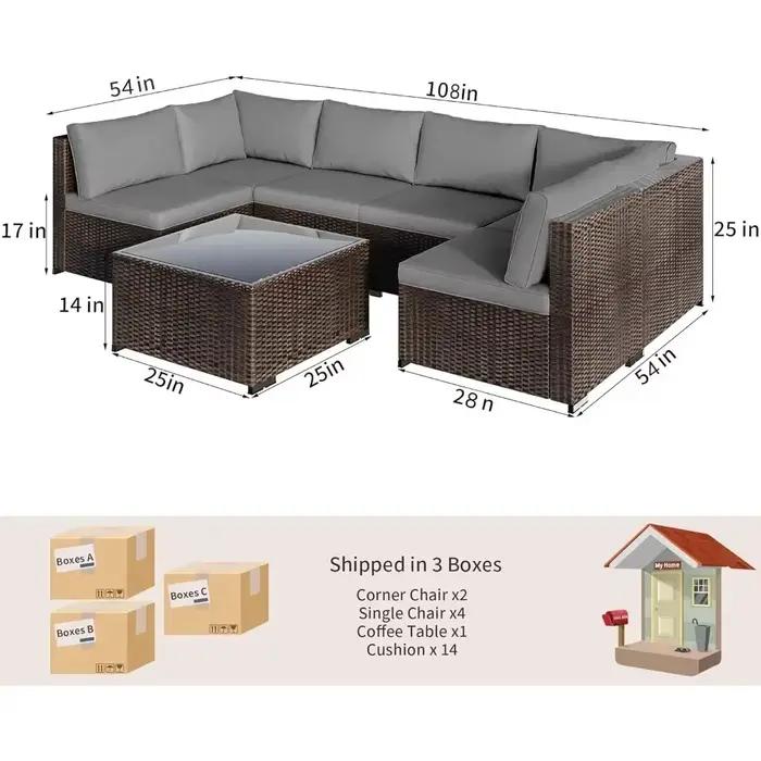Ensemble de meubles de patio extérieur 7 pièces, ensemble de canapé sectionnel d'extérieur en rotin