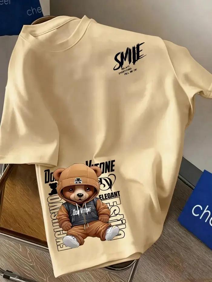 Nouveau T-shirt d'été pour hommes, style européen et américain, à col rond, imprimé motif ours et le