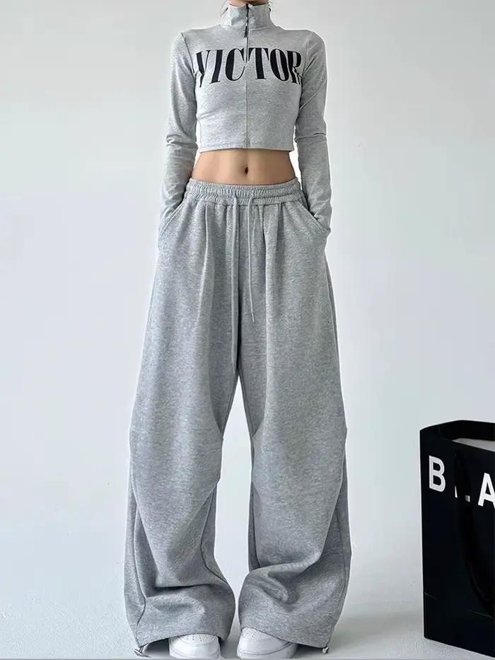Y2K Harajuku pantalon de survêtement à jambes larges femmes Streetwear Baggy surdimensionné gris pan