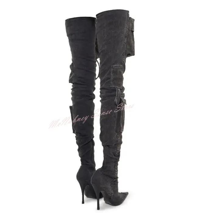 Bottes à lanières de poche en denim pour femmes, chaussures pointues Parker, talons aiguilles, cuiss
