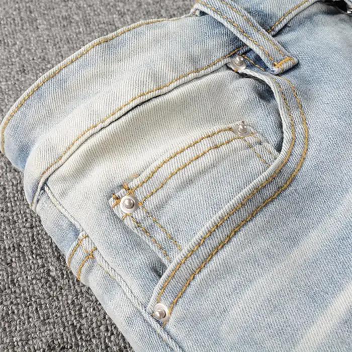 Jean déchiré en Patchwork pour hommes, trous de cristal, Streetwear, Denim bleu clair, Slim, pantalo