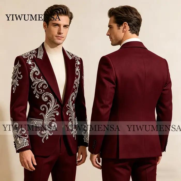 Costume de mariage personnalisé pour le marié, blazer perlé de cristaux, ensemble 2 pièces, smoking