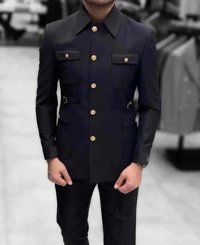 Costumes Safari pour hommes avec col montant, simple boutonnage, smoking formel pour mariage, soirée