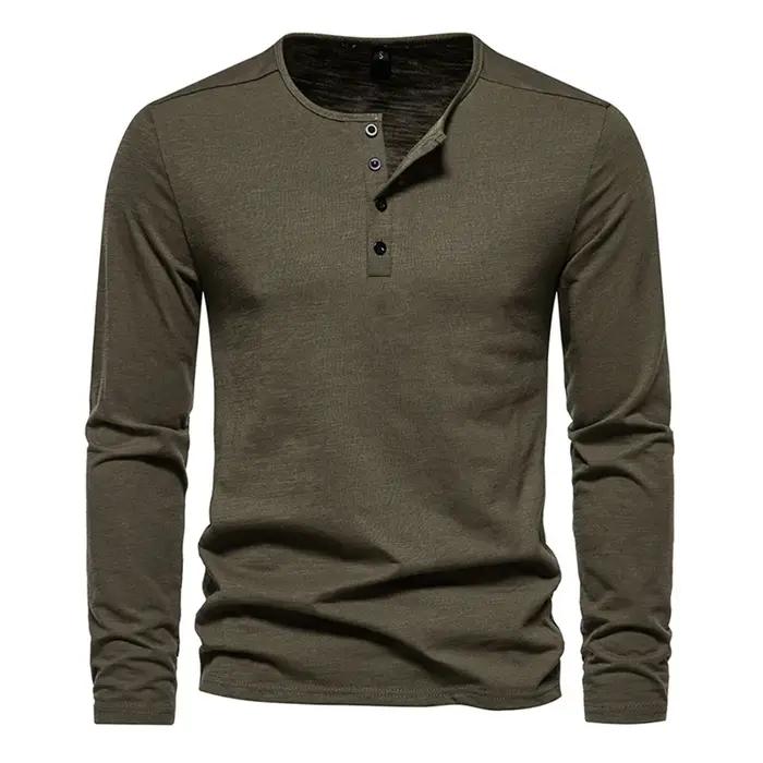 Hommes à manches longues T-shirt coton coupe ajustée chemise de fond Fitness hauts t-shirts bouton c