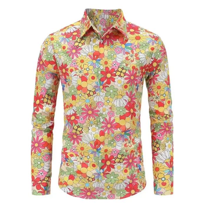  Chemise Hippie d'été des années 70 pour hommes, haut décontracté à manches longues et boutons rétr