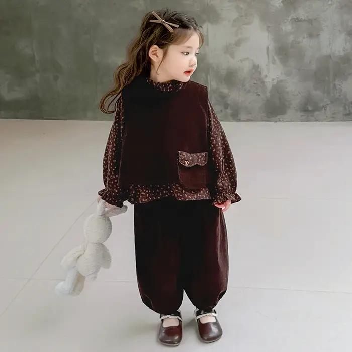 Vêtements à la mode pour filles, nouvelle chemise florale, gilet et pantalon de couleur unie, ensemb