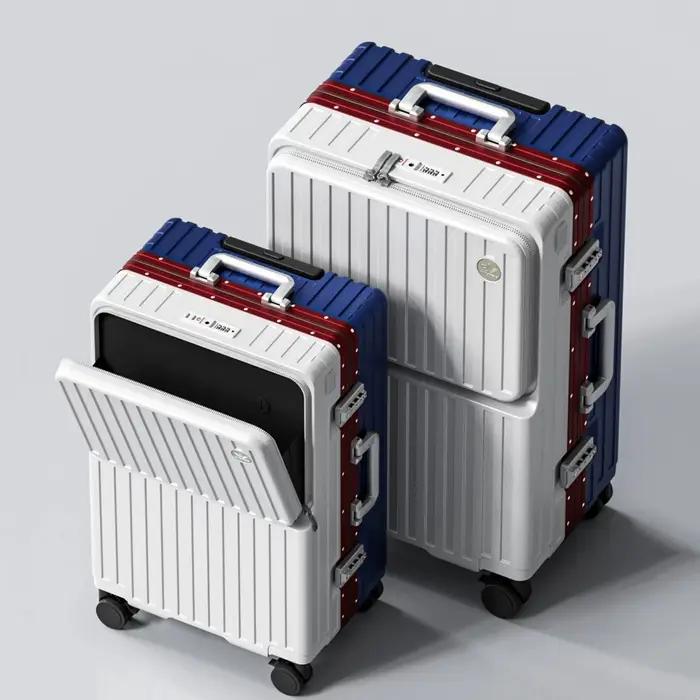 Valise à ouverture frontale en PC avec cadre en aluminium, serrure TSA, porte-gobelet et port de cha