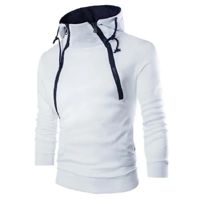 Sweat à capuche à manches longues pour homme, pull à col haut avec fermeture éclair, manteau noir