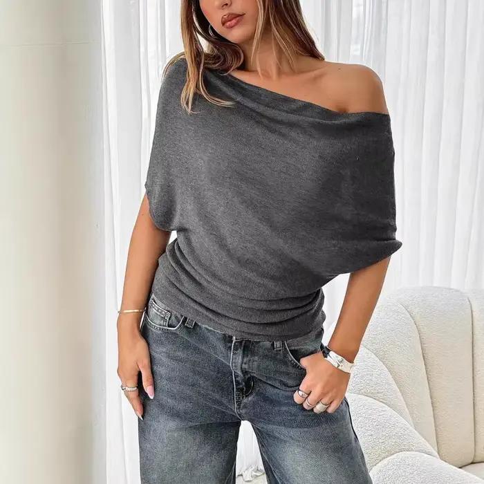 BKQU T-shirts d'été sexy à une épaule, mode slim, manches courtes chauve-souris, crop tops froncés,