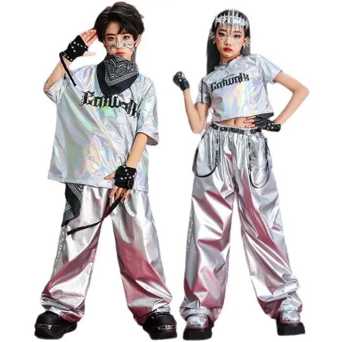 Hip Hop garçons T-shirt danse de rue argent pantalon filles K-pop brillant Joggers enfants Jazz vête