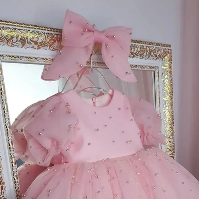 Robe de princesse tutu perlée pour bébé fille, manches bouffantes, nœud en tulle, vêtements de fête