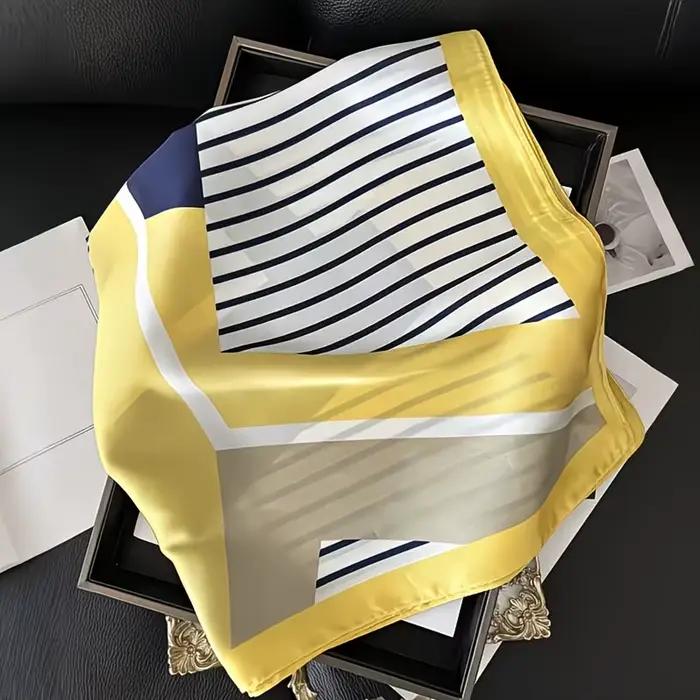 Écharpe carrée élégante à rayures bleu marine blanches et jaunes en polyester respirant pour bandes, châles et accessoires de cheveux occasions spéciales