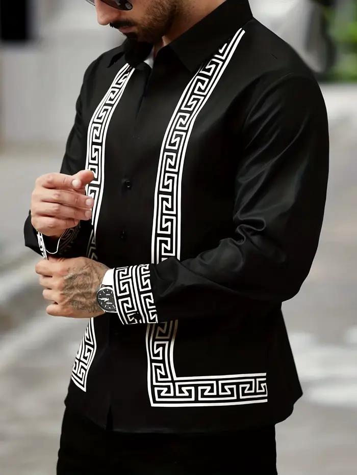 Chemise à manches longues pour hommes, surface lisse, motif géométrique complexe imprimé, rétro, déc