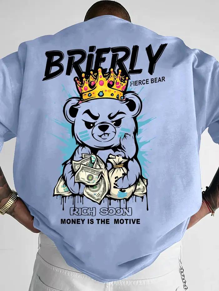 T-shirt col rond pour hommes, confortable et respirant, à la mode, ours en peluche, lettre de riches