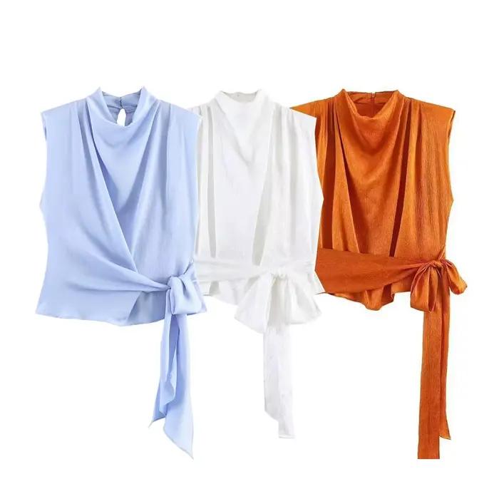 Haut pour femme Nouvelle Collection Printemps 2026 Orange Sans Manches Texture Satinée Longue Tresse Élégant et Stylé Te
