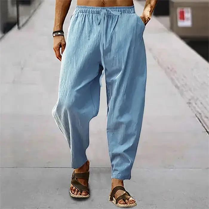 2025 hommes coton lin pantalon été et automne solide taille haute pantalon à jambes larges mâle lâch