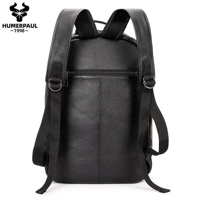 Sac à dos de voyage noir pour hommes, en cuir véritable, pour ordinateur portable, grande capacité,