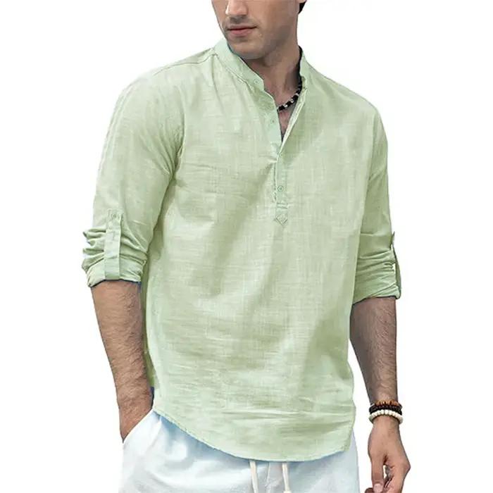Polo à manches longues en coton et lin pour hommes, léger, col Henley, Style plage hawaïen, couleur
