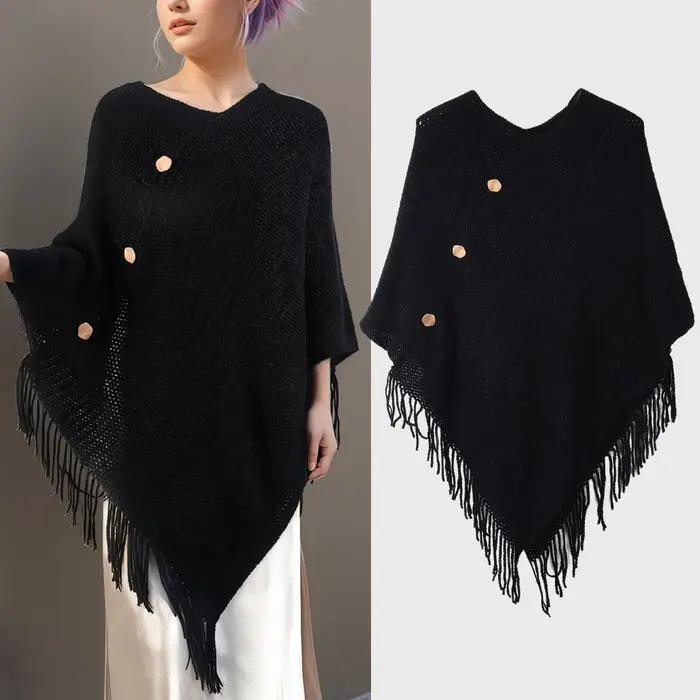 Châle à pampilles pour femmes avec faux boutons, couleur unie, adapté aux vêtements de déplacement à