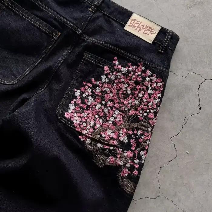 Y2K Baggy jeans fleur de cerisier lisière broderie Denim pantalon hommes femmes