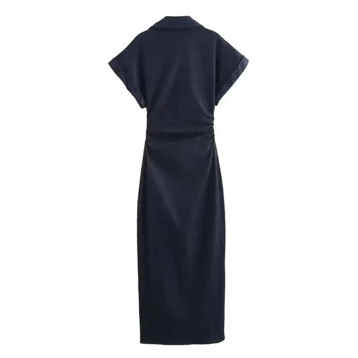 Printemps nouvelle série 1975 denim robe MIDI avec revers côté fermeture éclair mode rides taille mi