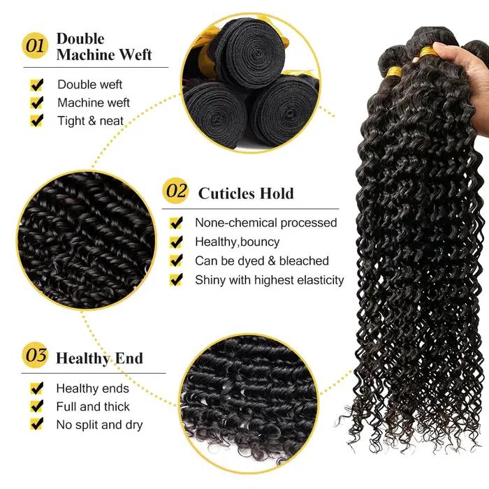Bundles de cheveux humains bouclés longs pour femmes, cheveux bruts indiens, vague profonde, extensi
