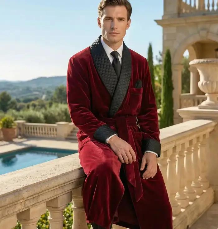 Veste longue en velours pour fumer, manteau de marié à revers châle, costume pour hommes, Blazer ave