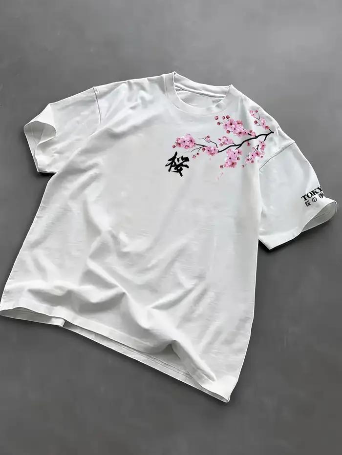 T-shirt ample pour hommes, motif fleurs de cerisier, style japonais, adapté à un usage quotidien, ma