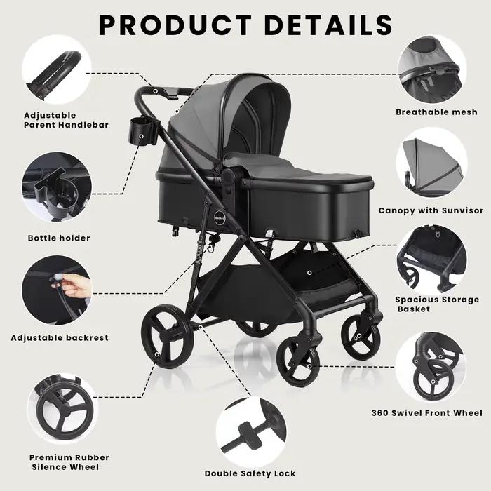 Poussette pour bébé 2 en 1, landau pliable avec siège réversible, auvent réglable, panier de rangeme