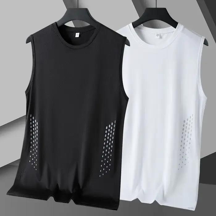 Débardeur d'été en maille pour homme, sans manches, imprimé, col rond, en soie glacée, pour le baske