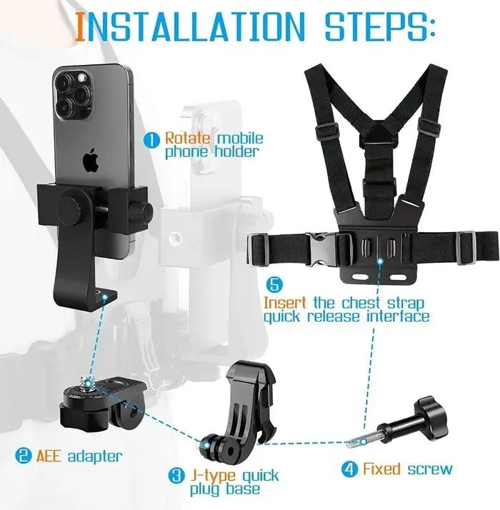 1 PC support de pince de téléphone réglable avec support de Fixation de sangle de poitrine pour appareil photo de Sport appareil photo de téléphone portable support noir accessoire