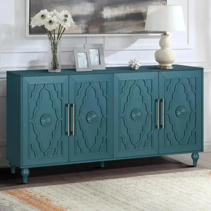 Buffet Credenzas pour salon, table d'entrée bleue de 63 pouces avec armoire d'appoint de rangement,