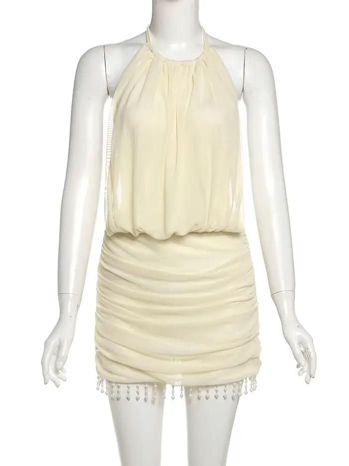 Mini robe en maille Patchwork pour femmes, col licou, Sexy, dos nu, pompon perlé, soirée en boîte de