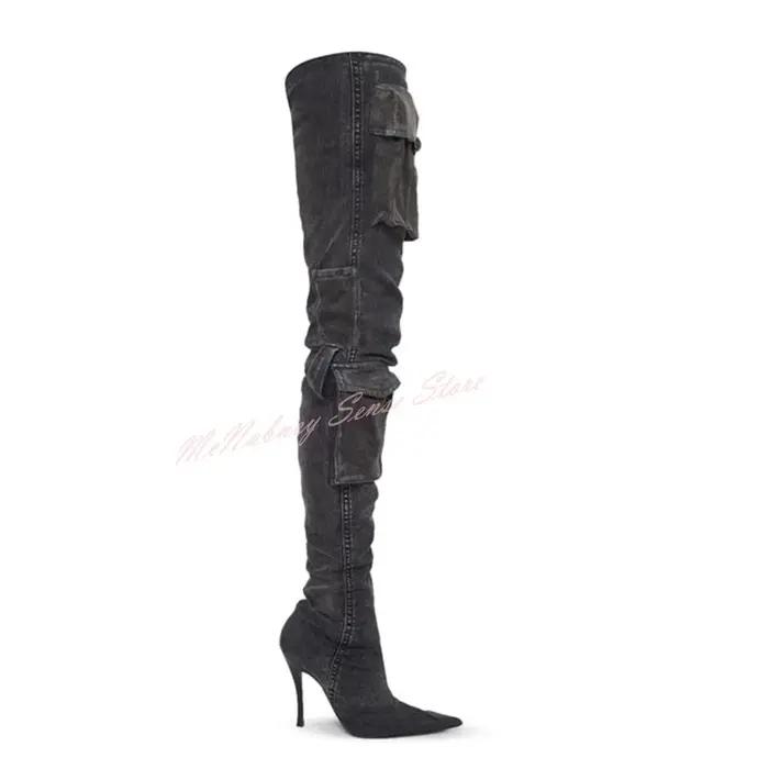 Bottes à lanières de poche en denim pour femmes, chaussures pointues Parker, talons aiguilles, cuiss