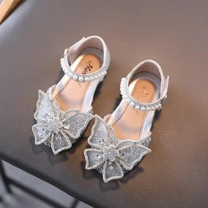 Sandales d'été pour filles, chaussures de princesse à paillettes et nœud en strass, chaussures à tal