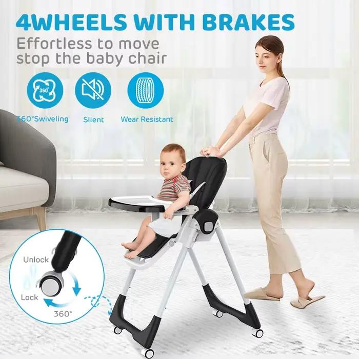 Chaise haute pour bébé Sejoy réglable avec harnais 5 points, plateau à 3 niveaux et roulettes, certi