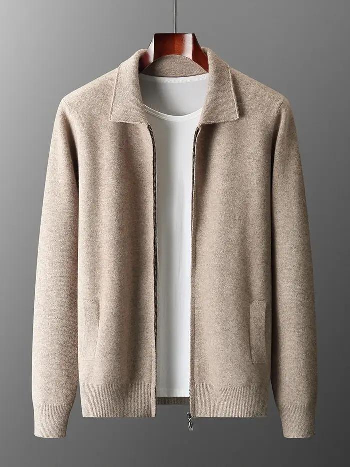 Pull à col rabattu en laine mérinos pour hommes avec fermeture éclair, manteau cardigan, tricots en