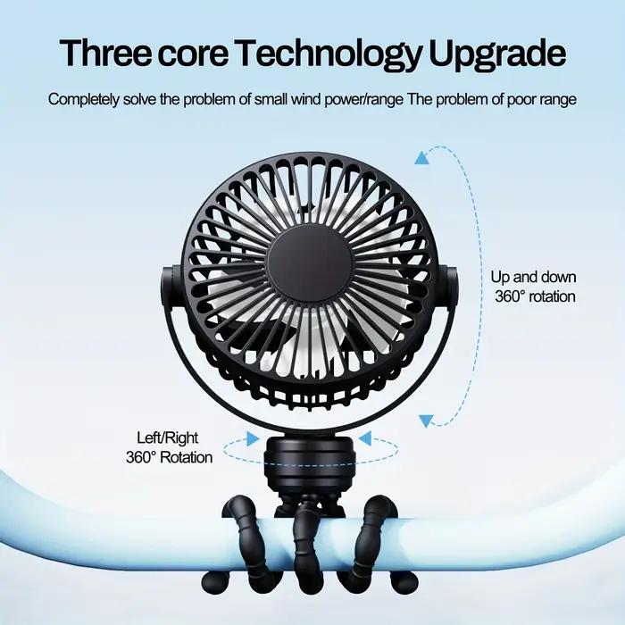 Mini ventilateur portable flexible sur trépied, rechargeable, 3 vitesses, pour poussette, avec rotat