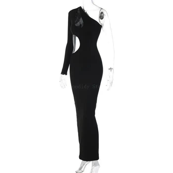 Robe longue sexy à épaules dénudées avec ourlet irrégulier, design évidé, devant rond, document soli