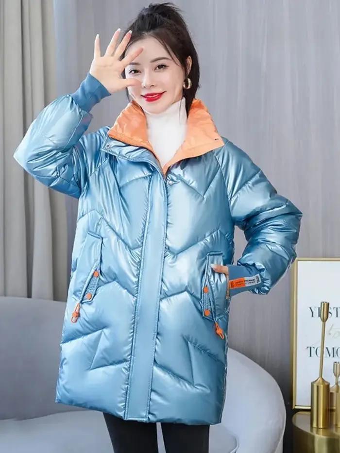 Parka courte brillante en coton rembourré pour femme, manteau décontracté, veste optique chaude, par