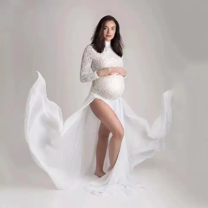 Robe d'accessoires de photographie de maternité, body en dentelle extensible, jupe fendue sur les cô